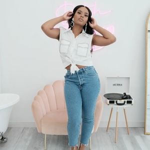 Daydreamer Rhinestone-Embellished Button-Up Crop Top